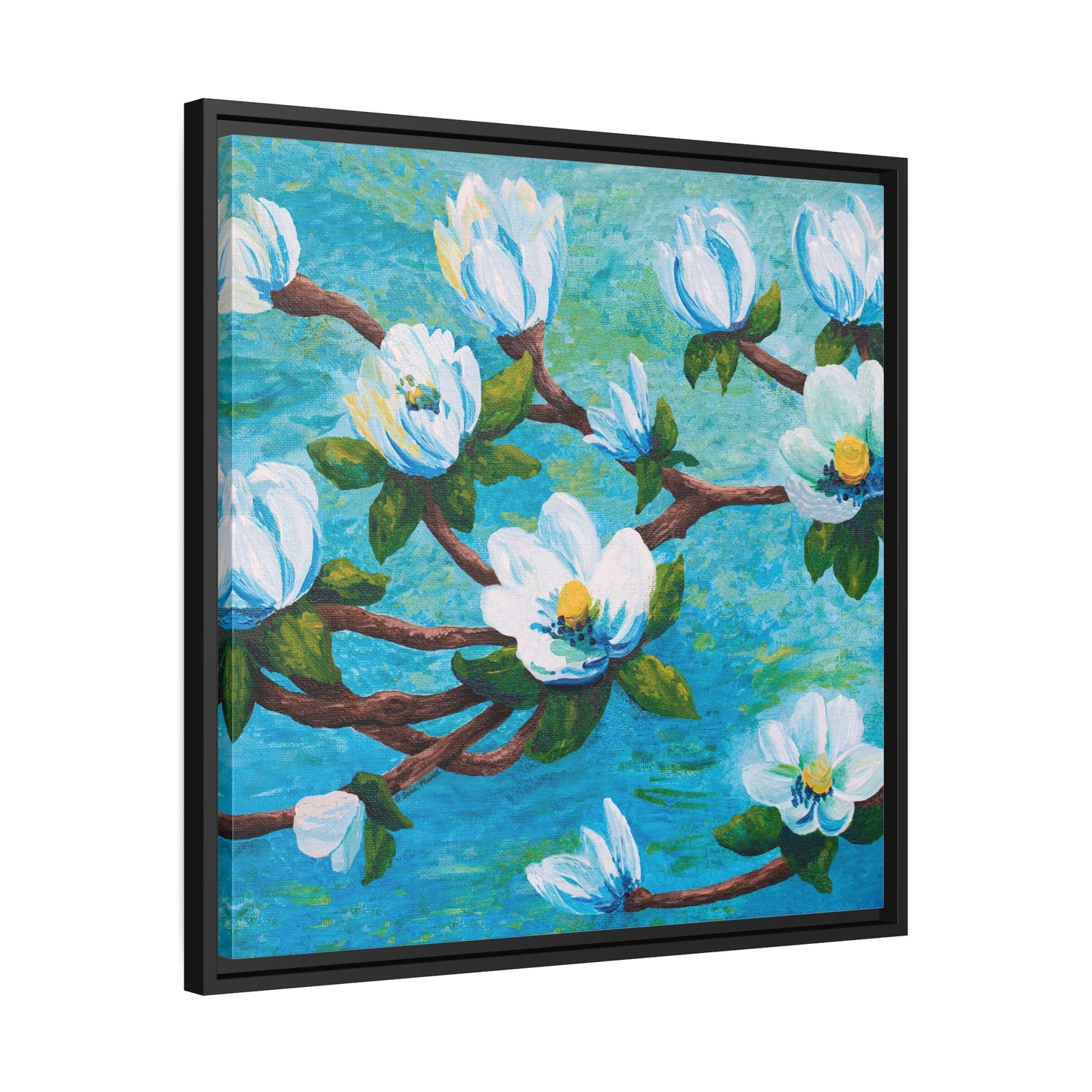 Magnolia Over Water Canvas Print, Black Frame