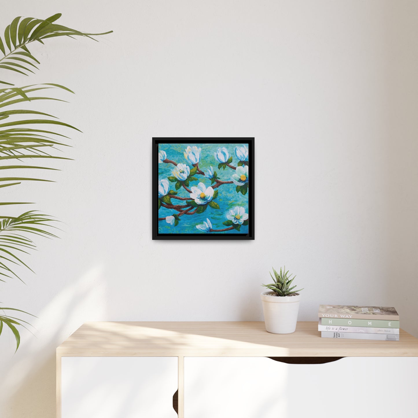 Magnolia Over Water Canvas Print, Black Frame