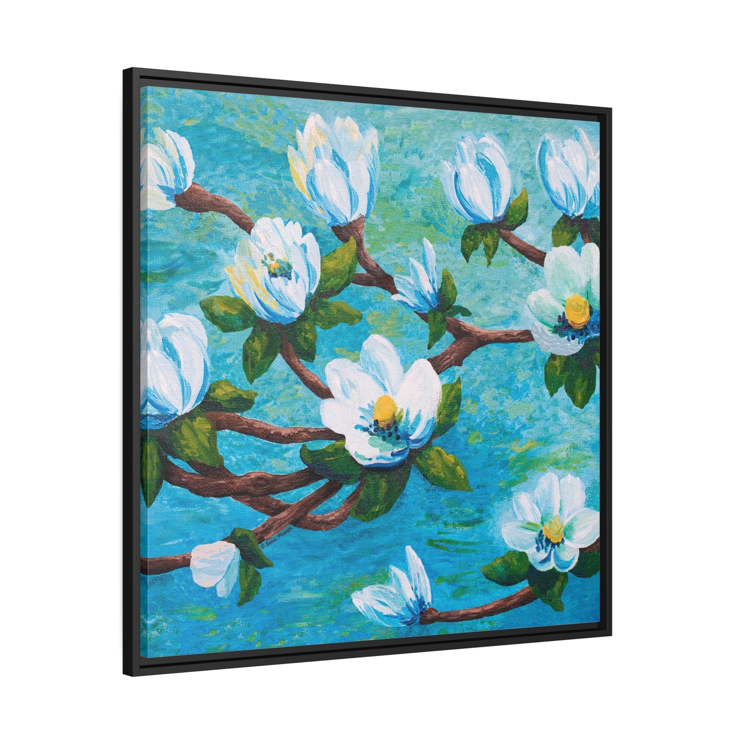 Magnolia Over Water Canvas Print, Black Frame