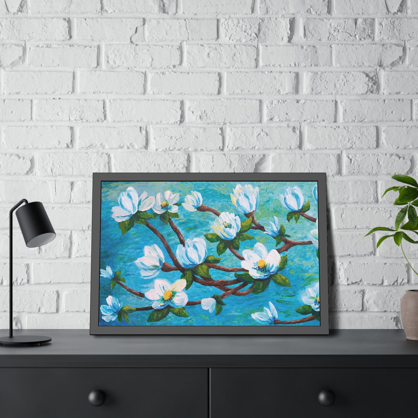 Magnolia Over Water Paper Print, Framed