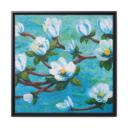 Magnolia Over Water Canvas Print, Black Frame