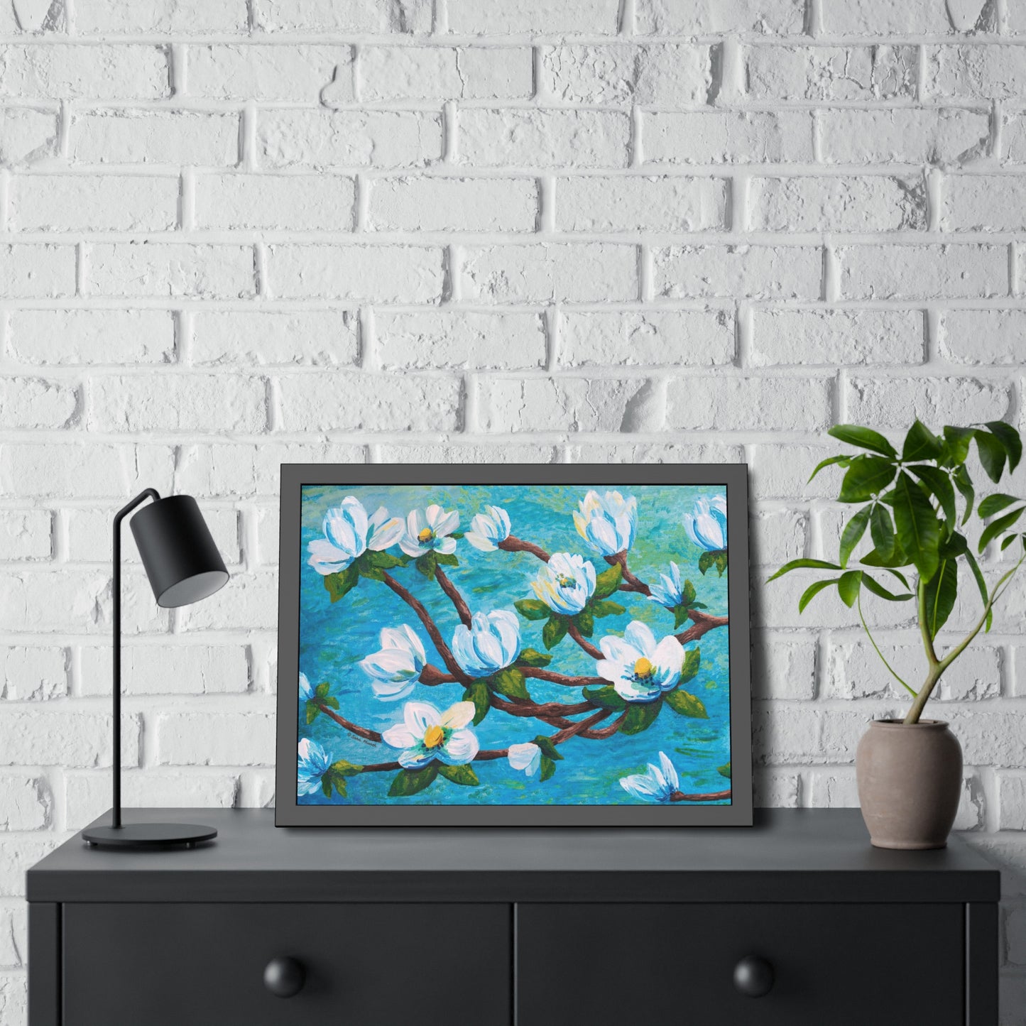 Magnolia Over Water Paper Print, Framed