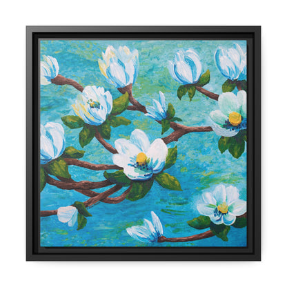 Magnolia Over Water Canvas Print, Black Frame