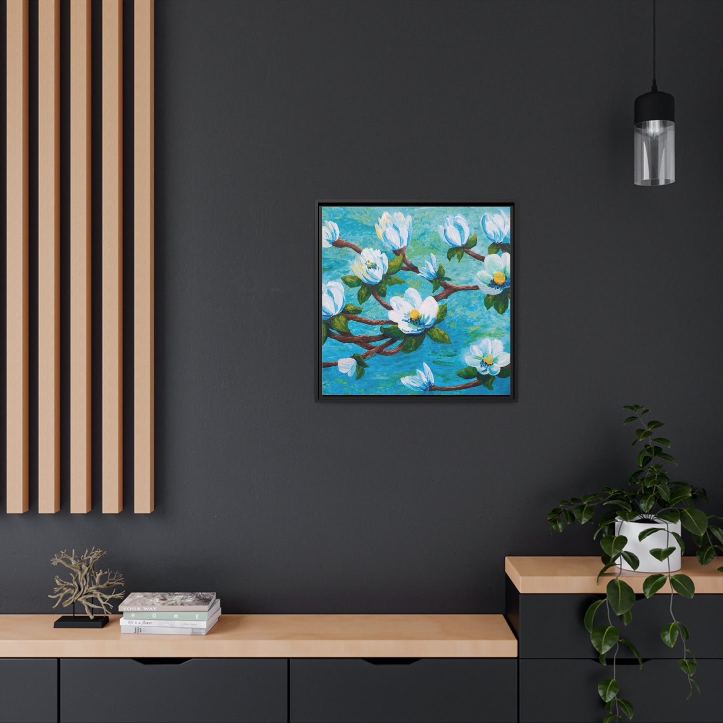 Magnolia Over Water Canvas Print, Black Frame