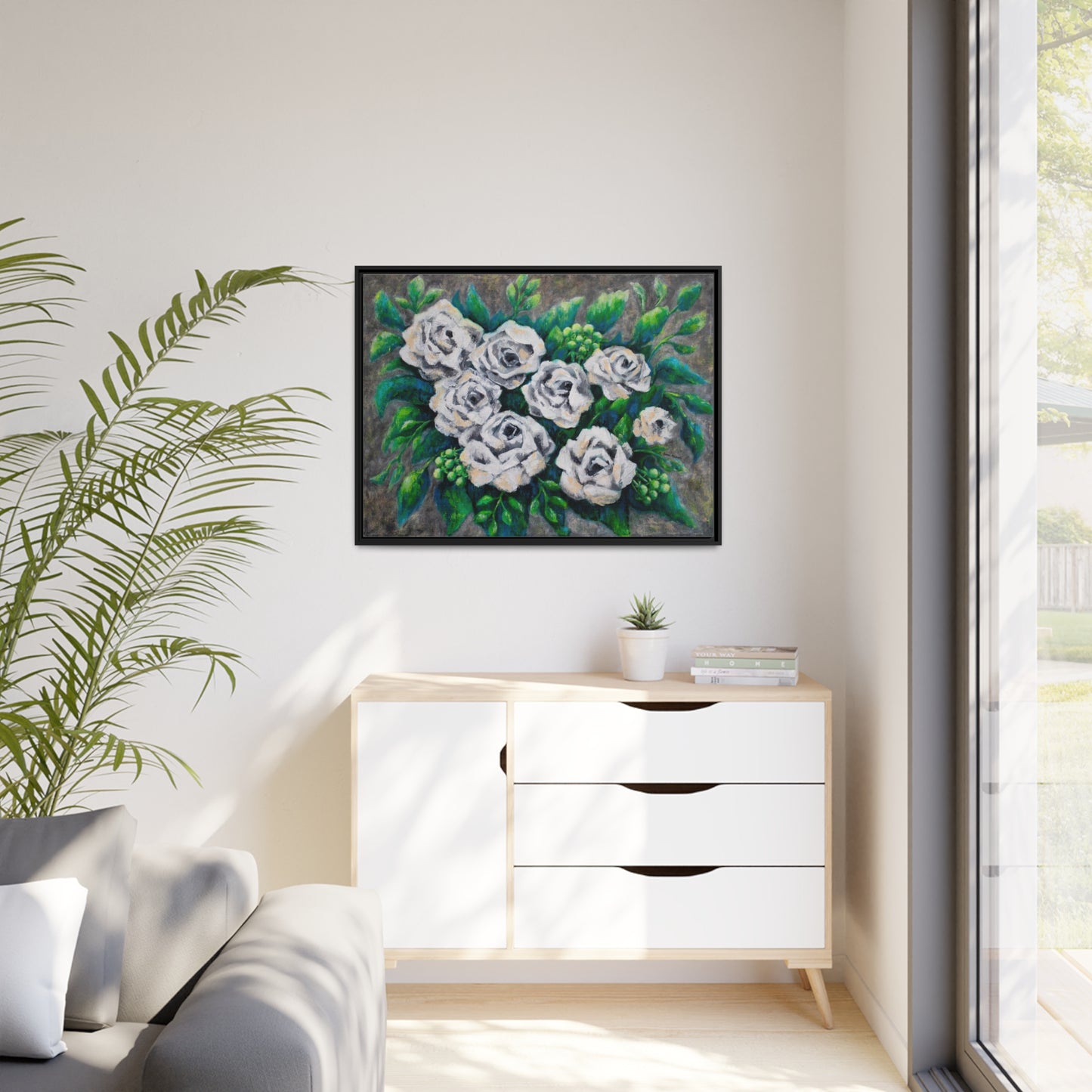 Rose Bouquet Burst Canvas Print, Black Frame