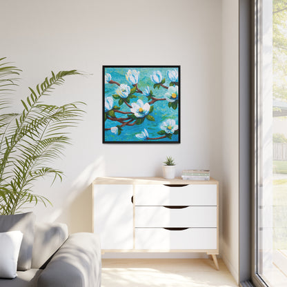 Magnolia Over Water Canvas Print, Black Frame