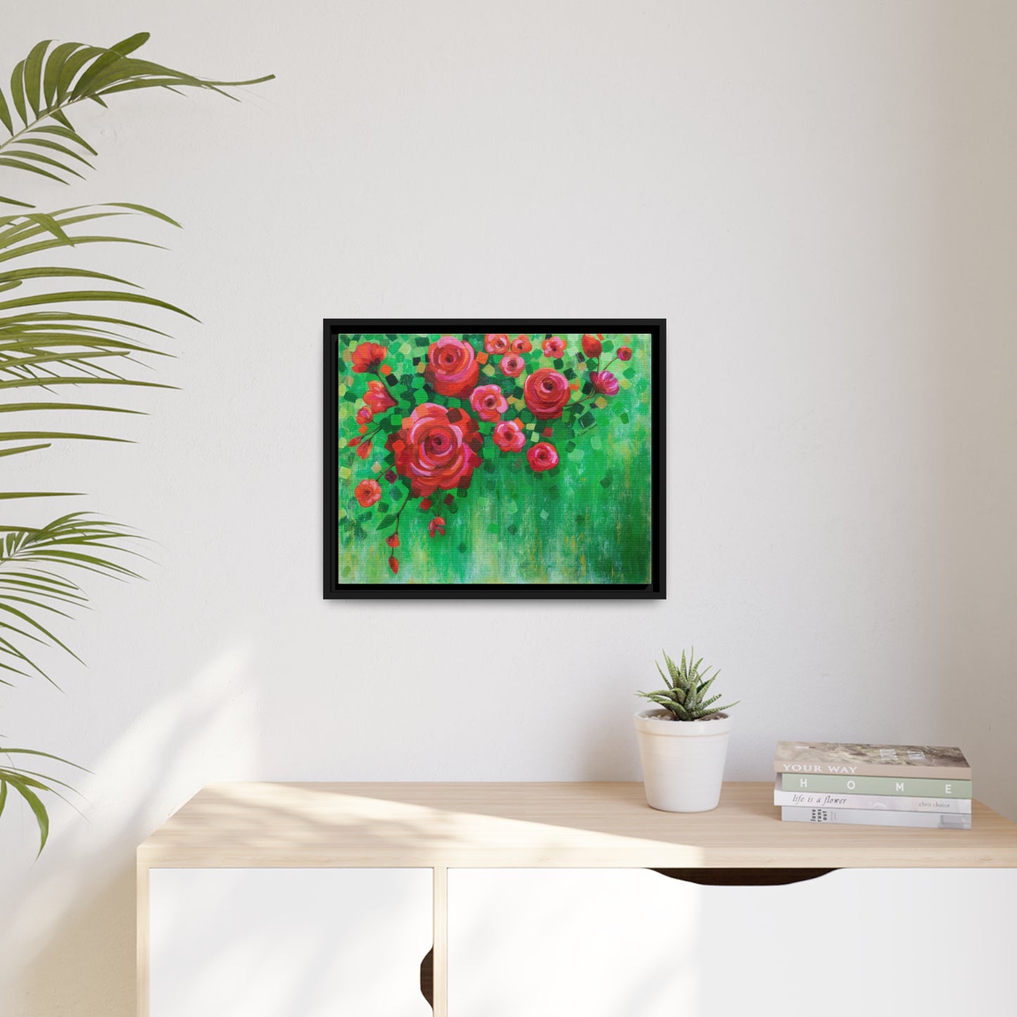 Roses and Confetti Canvas Print, Black Frame