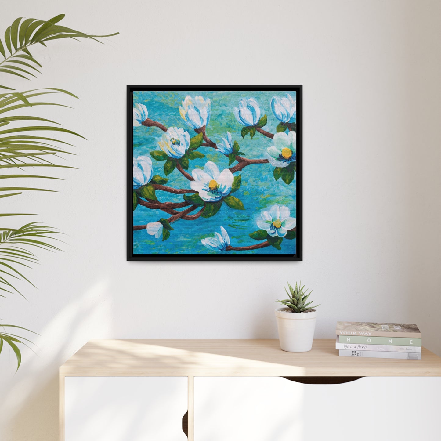 Magnolia Over Water Canvas Print, Black Frame