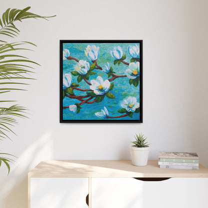 Magnolia Over Water Canvas Print, Black Frame