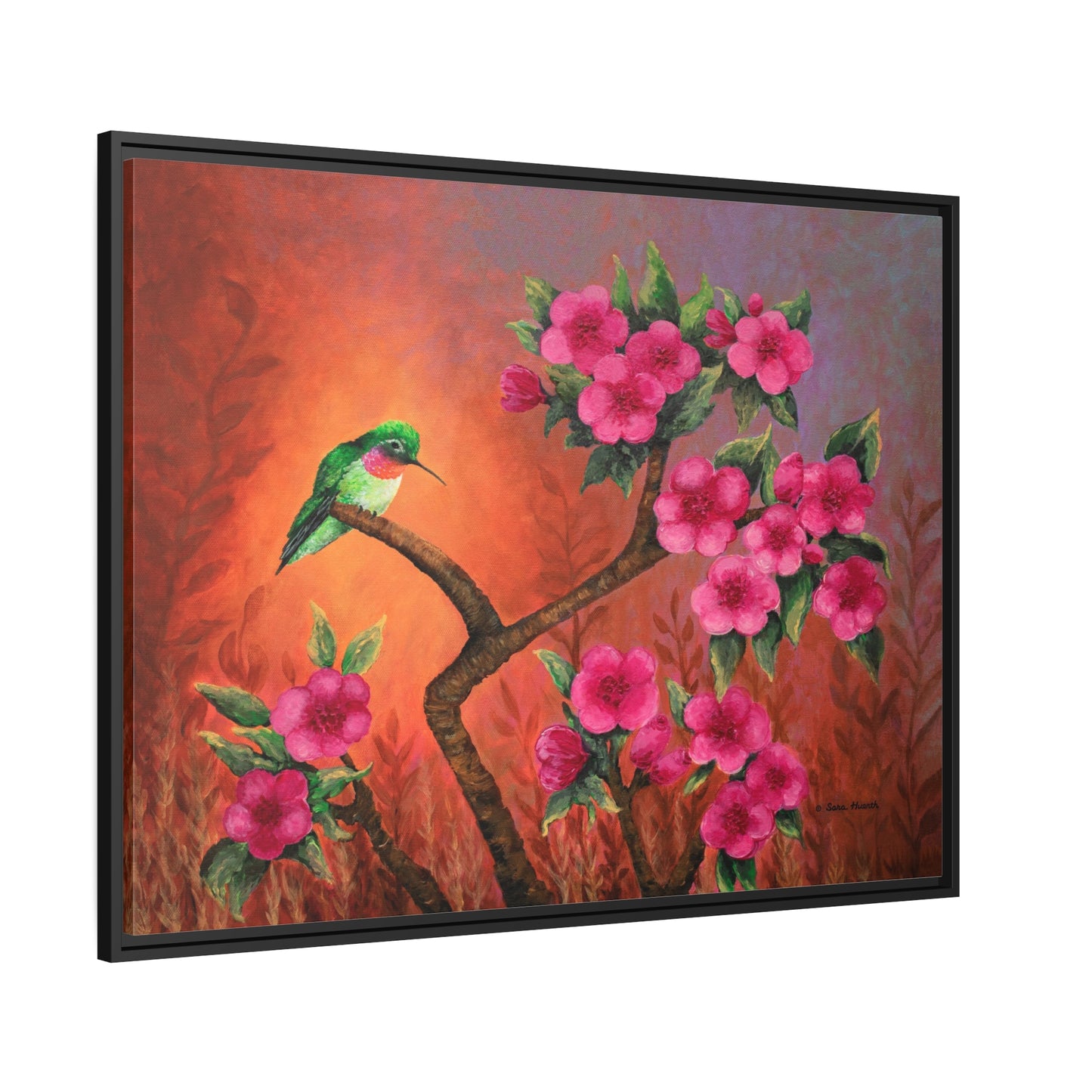 Hummingbird Sunset Canvas Print, Black Frame