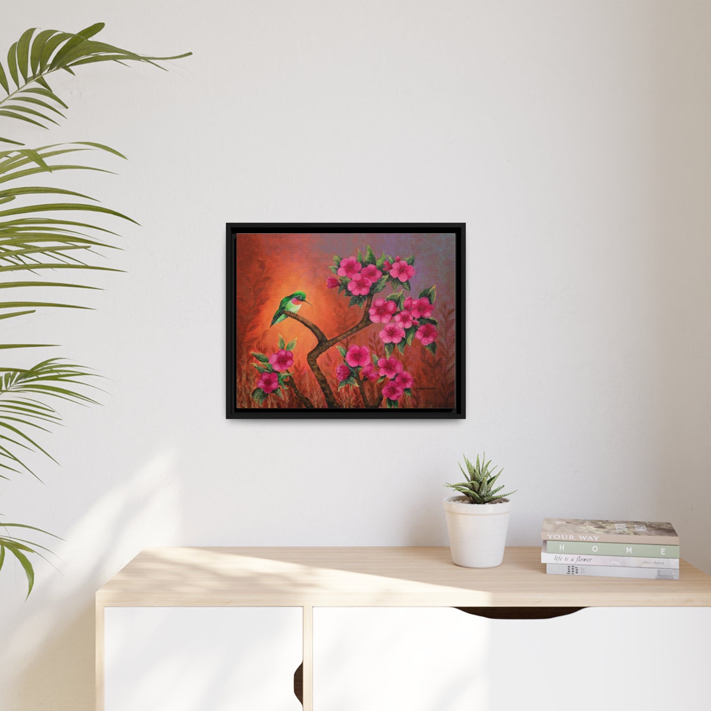 Hummingbird Sunset Canvas Print, Black Frame