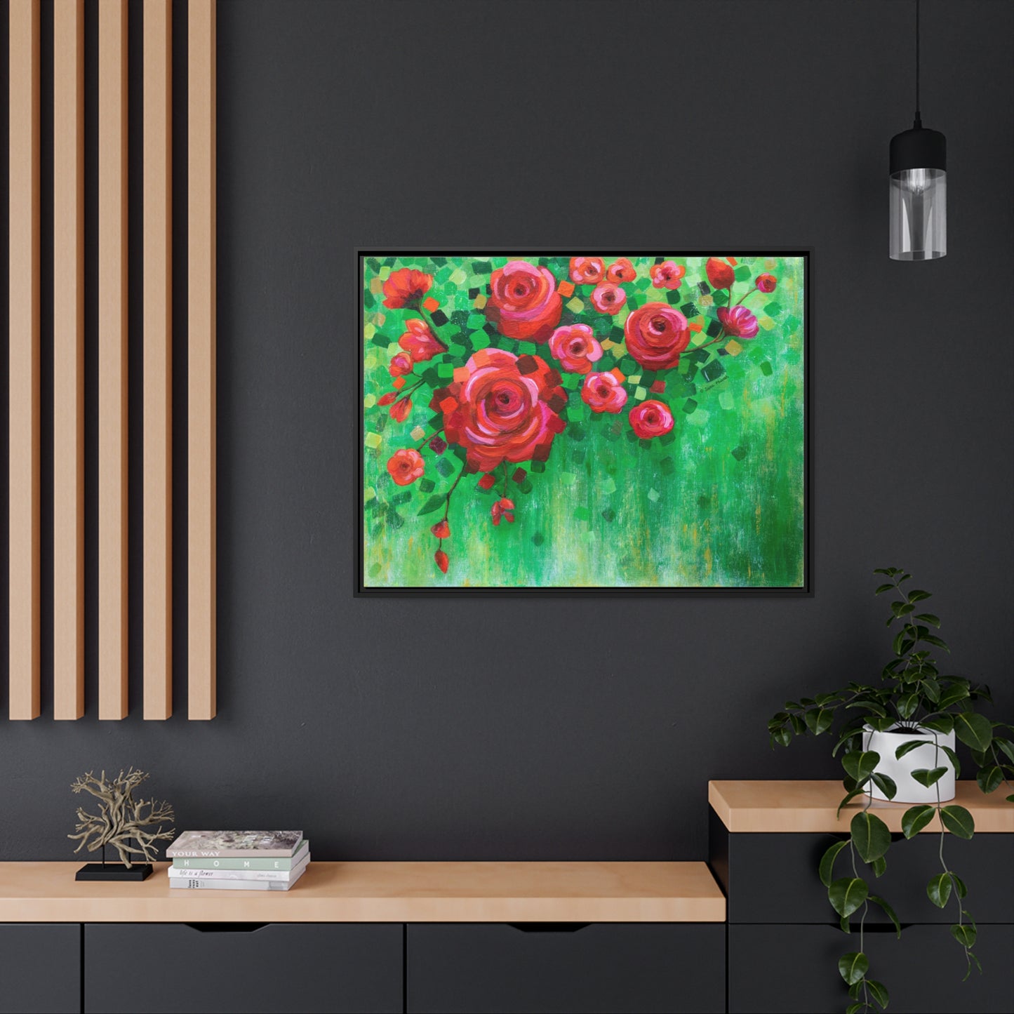 Roses and Confetti Canvas Print, Black Frame