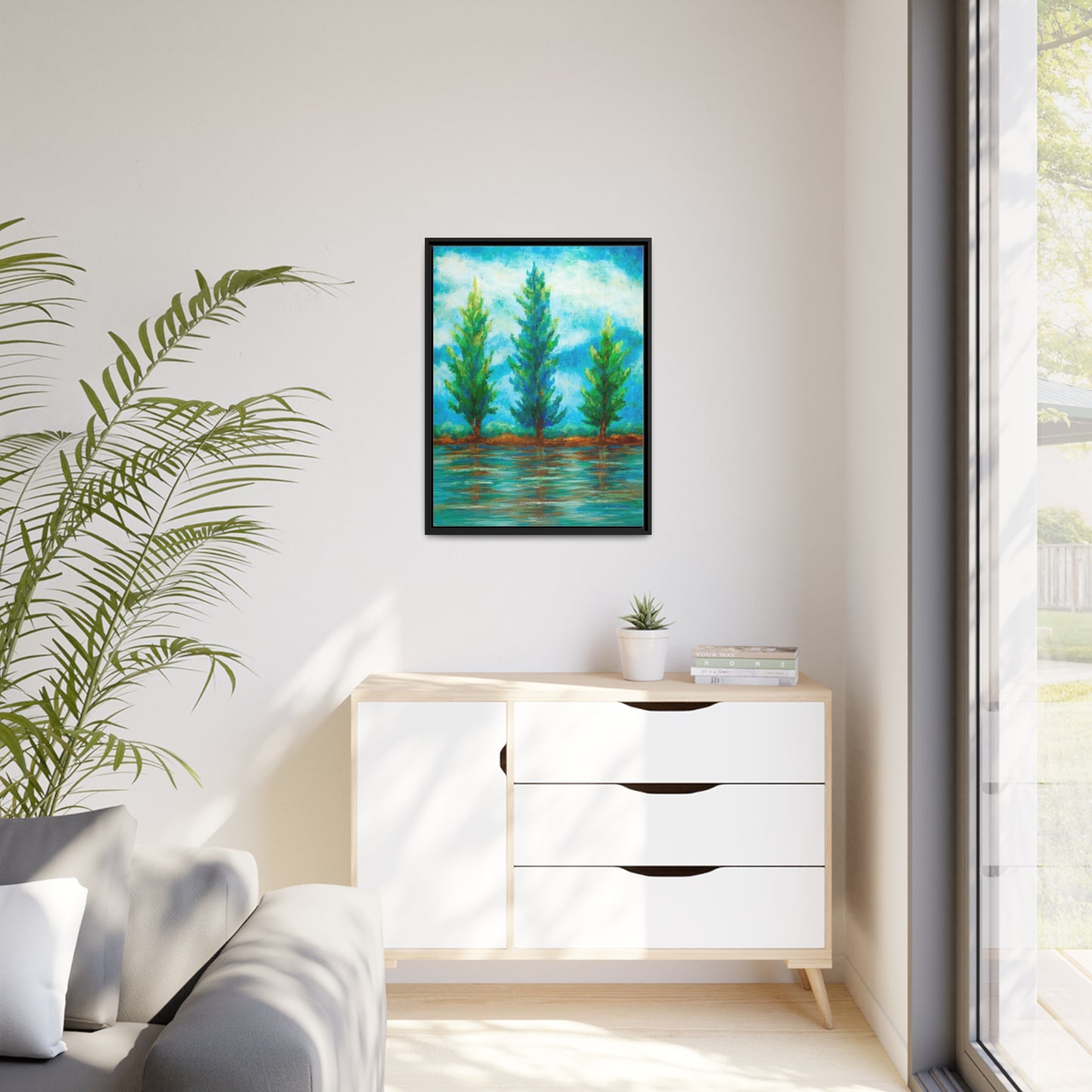 Three River Pines Canvas Print, Black Frame