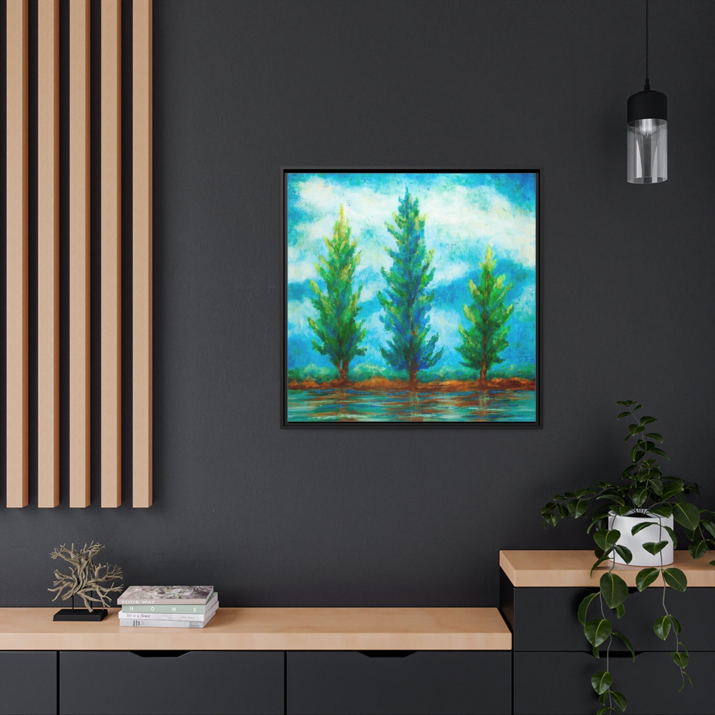 Three River Pines Canvas Print, Black Frame