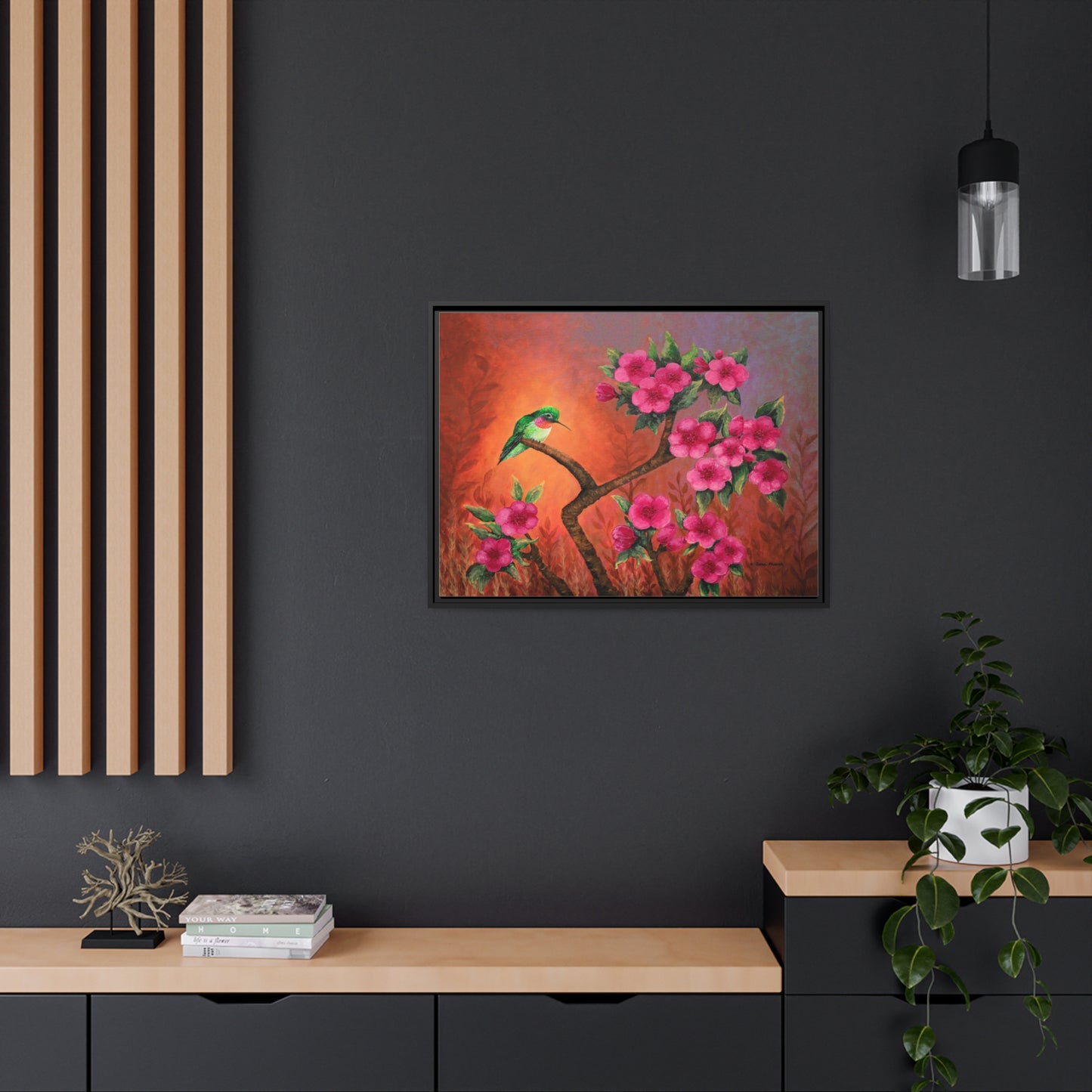 Hummingbird Sunset Canvas Print, Black Frame