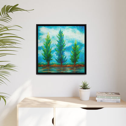 Three River Pines Canvas Print, Black Frame