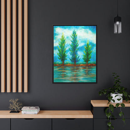 Three River Pines Canvas Print, Black Frame