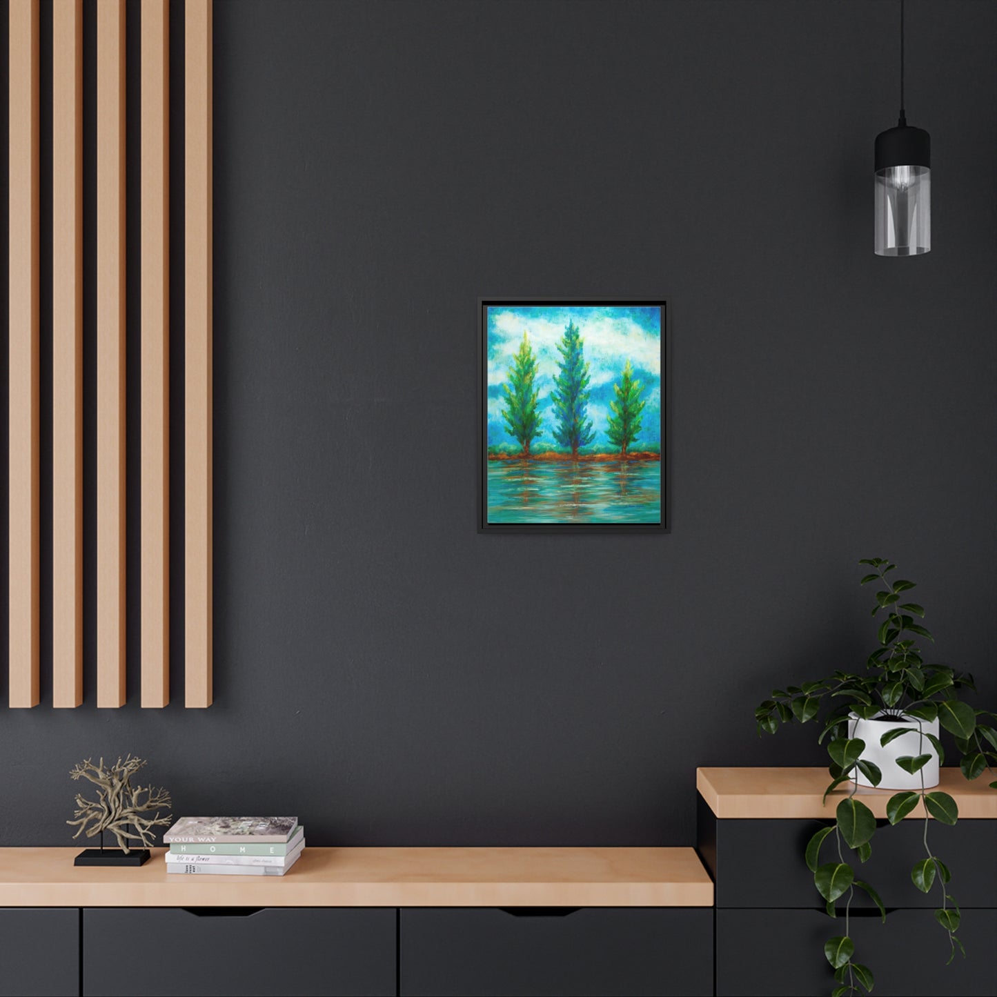 Three River Pines Canvas Print, Black Frame