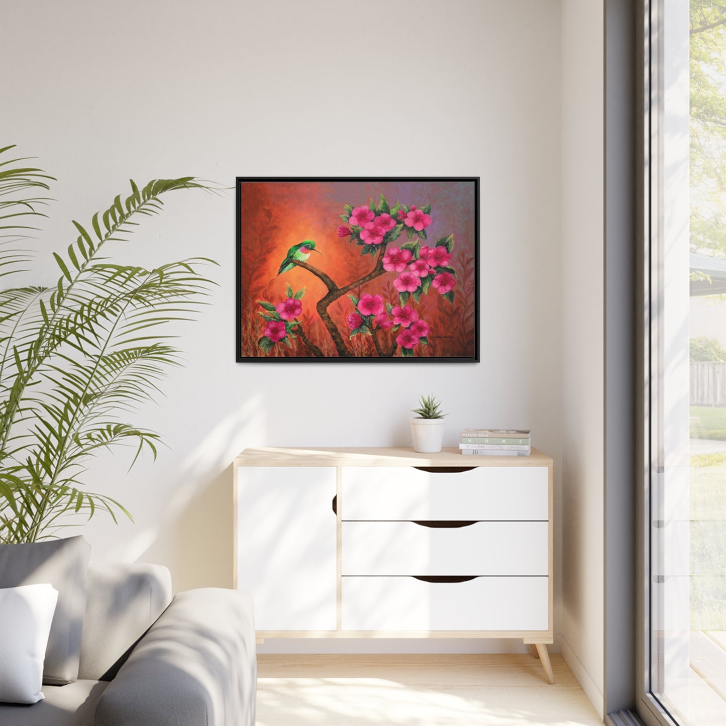 Hummingbird Sunset Canvas Print, Black Frame