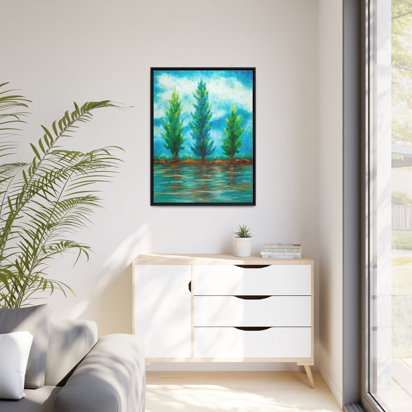 Three River Pines Canvas Print, Black Frame