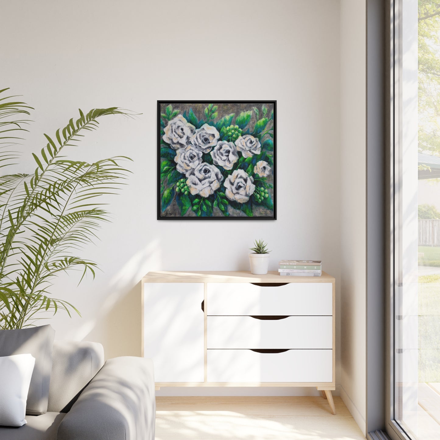 Rose Bouquet Burst Canvas Print, Black Frame