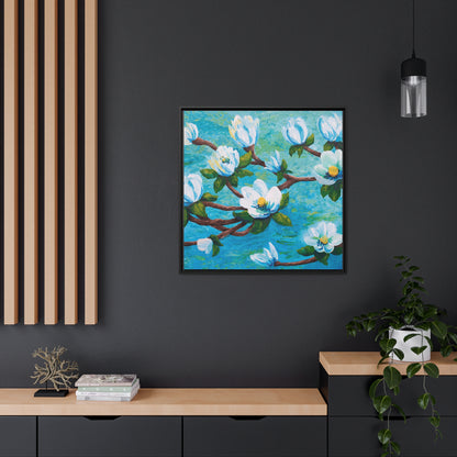 Magnolia Over Water Canvas Print, Black Frame