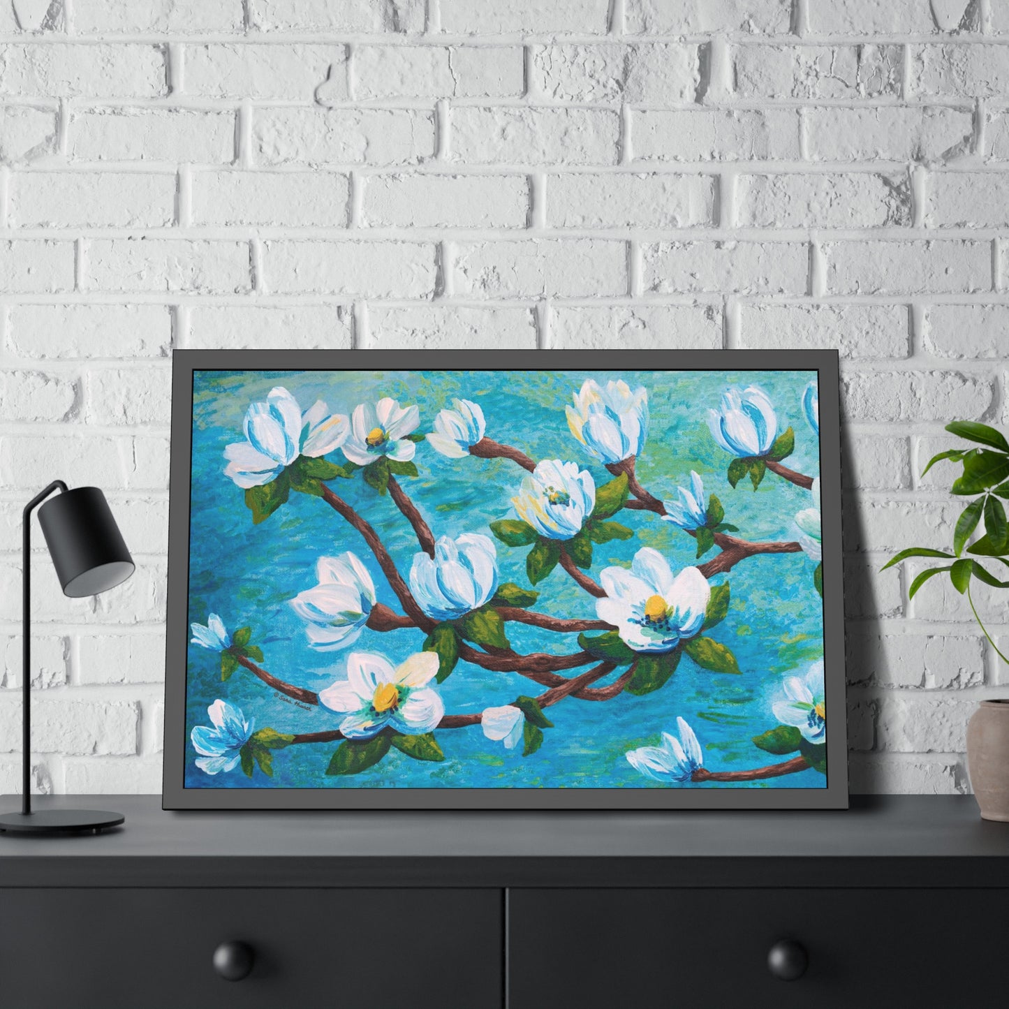 Magnolia Over Water Paper Print, Framed