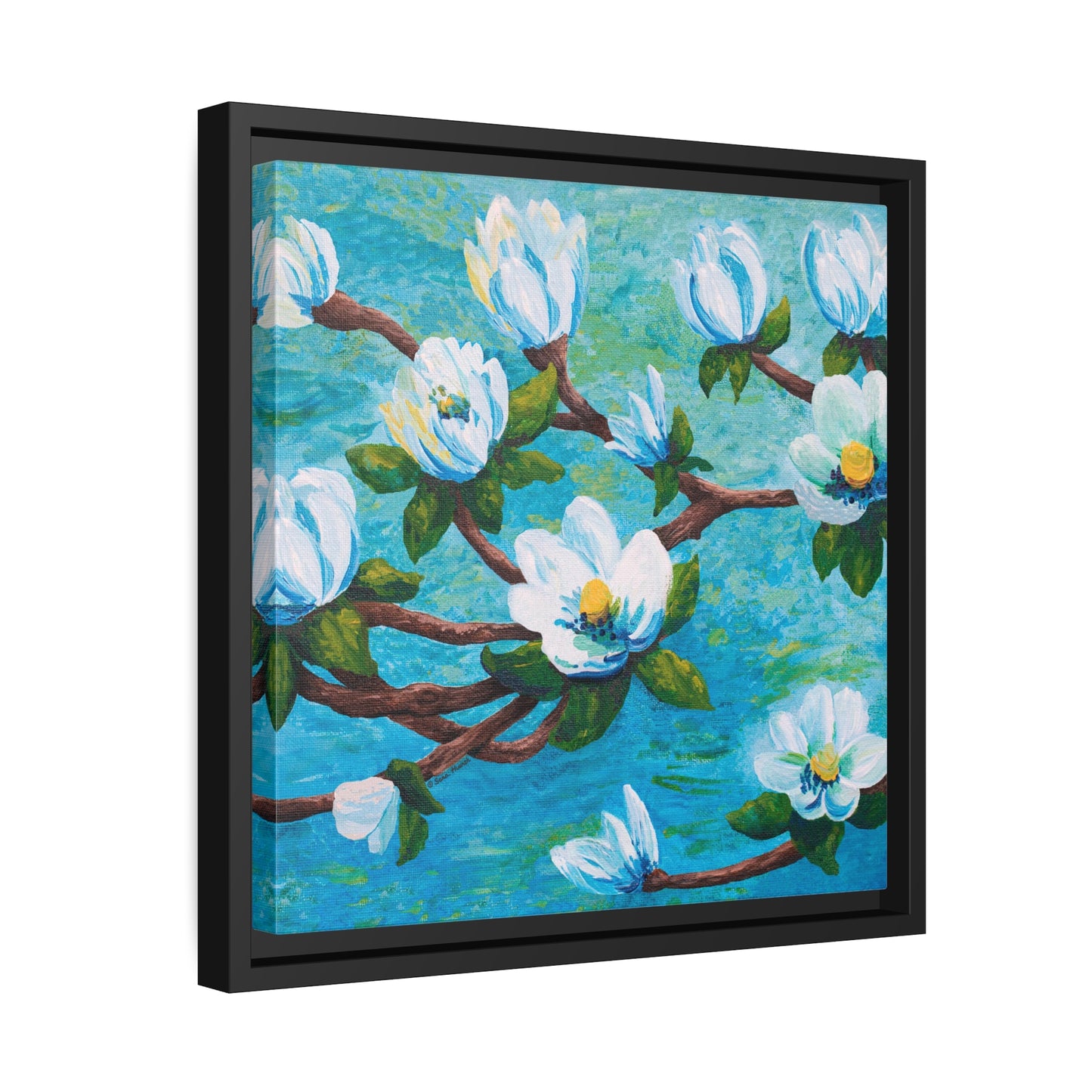 Magnolia Over Water Canvas Print, Black Frame