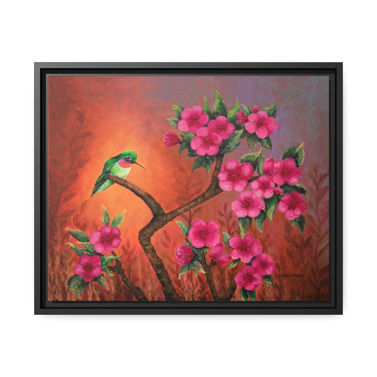 Hummingbird Sunset Canvas Print, Black Frame