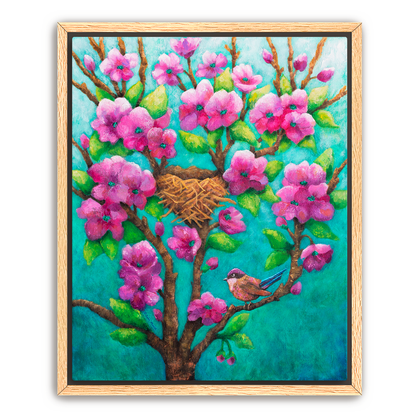 Framed artwork of a tree with pink crabapple flowers, a nest, and a purple fairy wren bird, with an aqua teal background