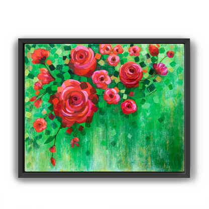 Framed artwork of red and pink flowers on a green background