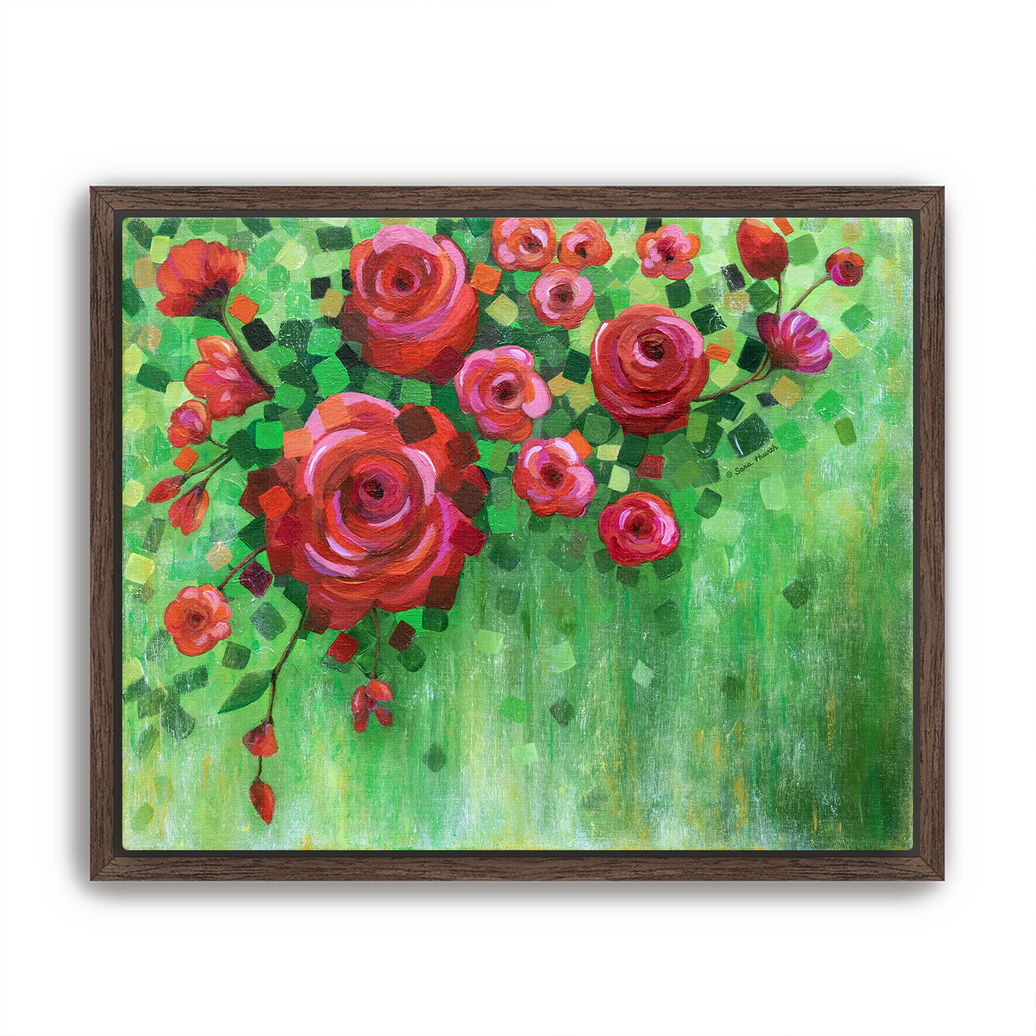Framed painting of red and pink flowers on a green background