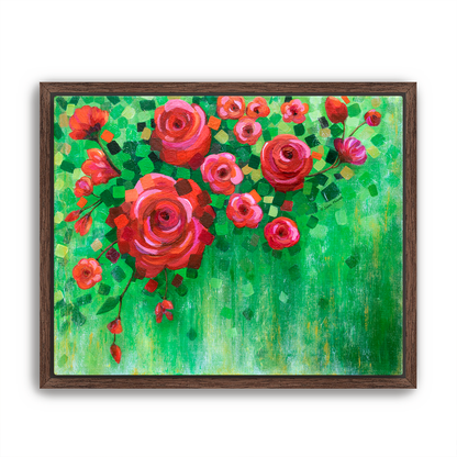 Framed painting of red and pink flowers on a green background