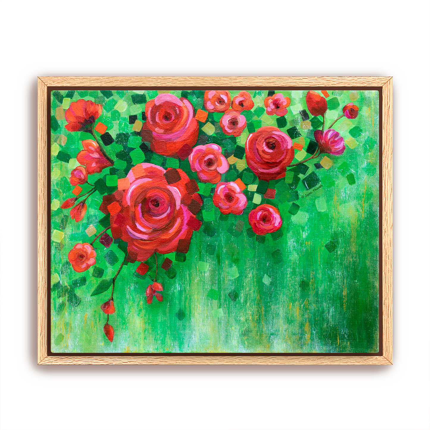 Framed painting of red and pink flowers on a green background