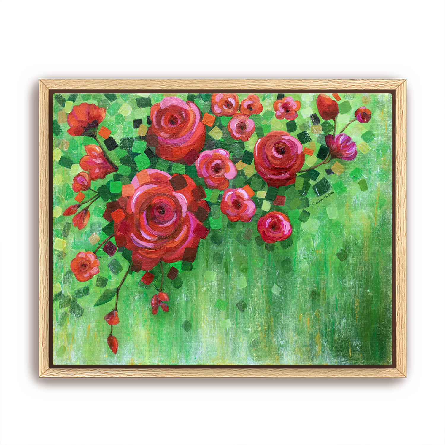 Framed painting of red and pink flowers on a green background