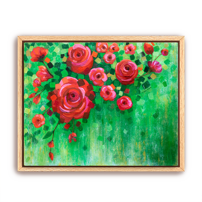 Framed painting of red and pink flowers on a green background