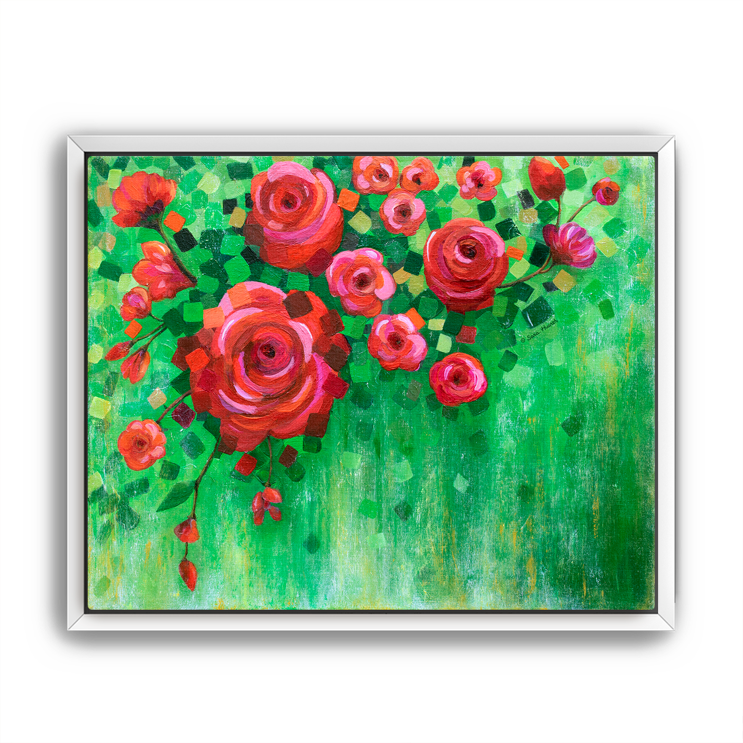 Framed artwork of red roses on a green background