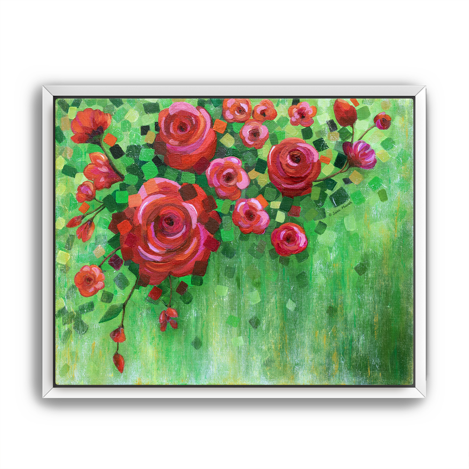 Framed artwork of red roses on a green background