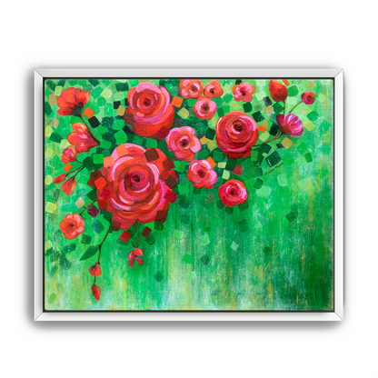 Framed artwork of red roses on a green background