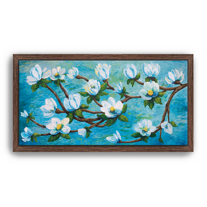 Framed impressionism painting artwork of a magnolia floral design with white flowers on a aqua teal blue water river background