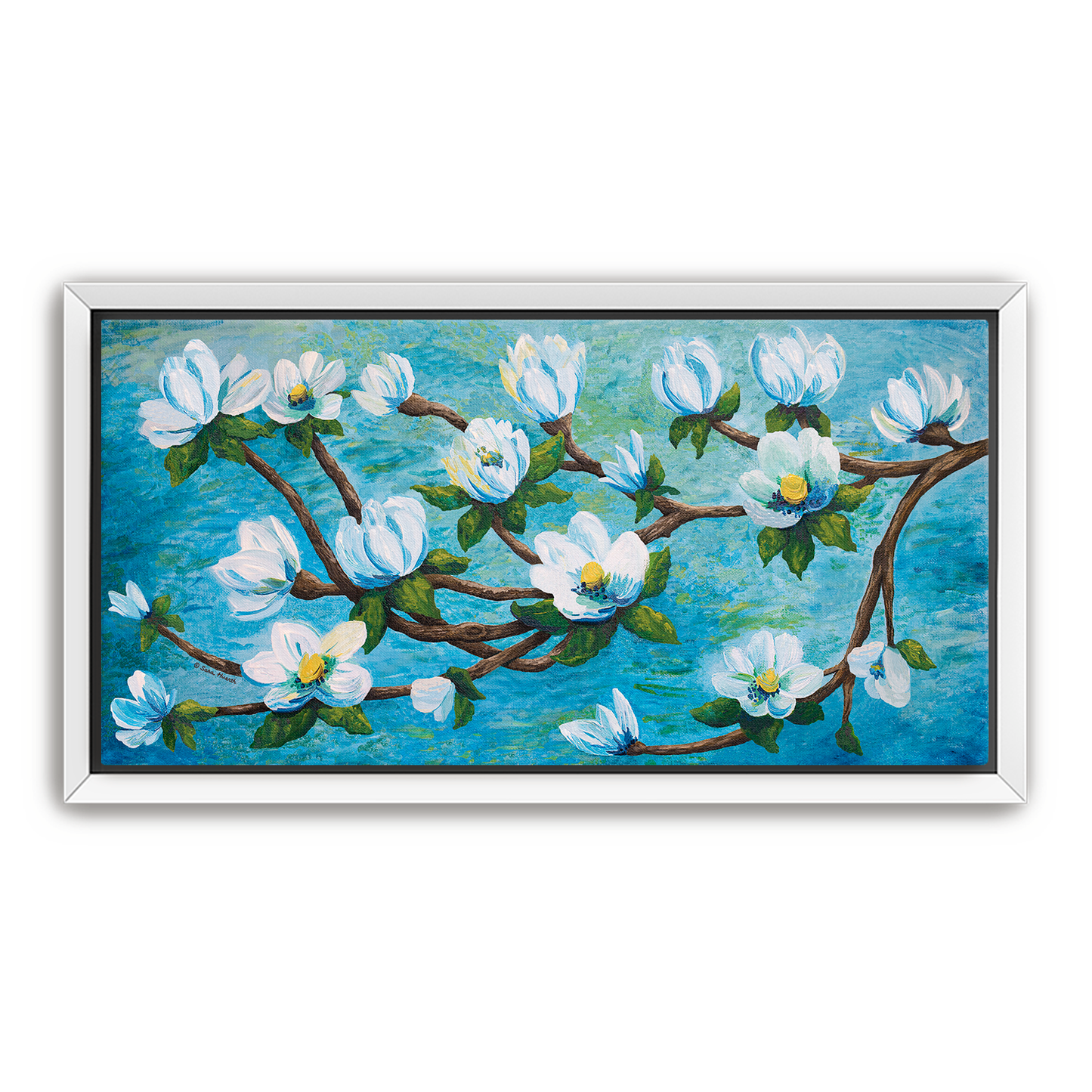 Framed impressionism painting artwork of a magnolia floral design with white flowers on a aqua teal blue water river background