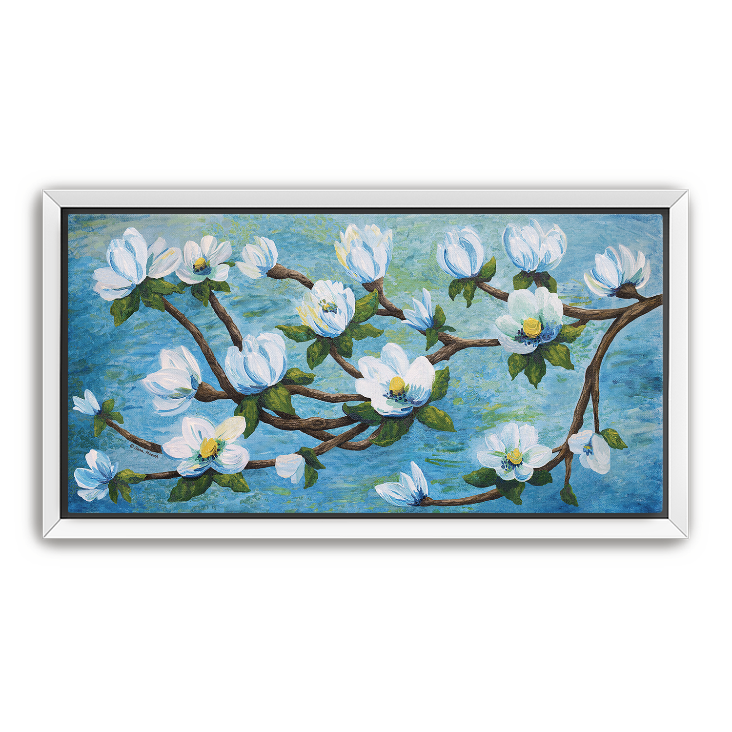 Framed impressionism painting artwork of a magnolia floral design with white flowers on a aqua teal blue water river background