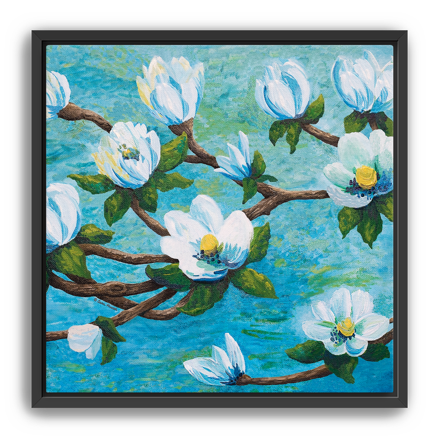 Magnolia Over Water Canvas Print, Framed