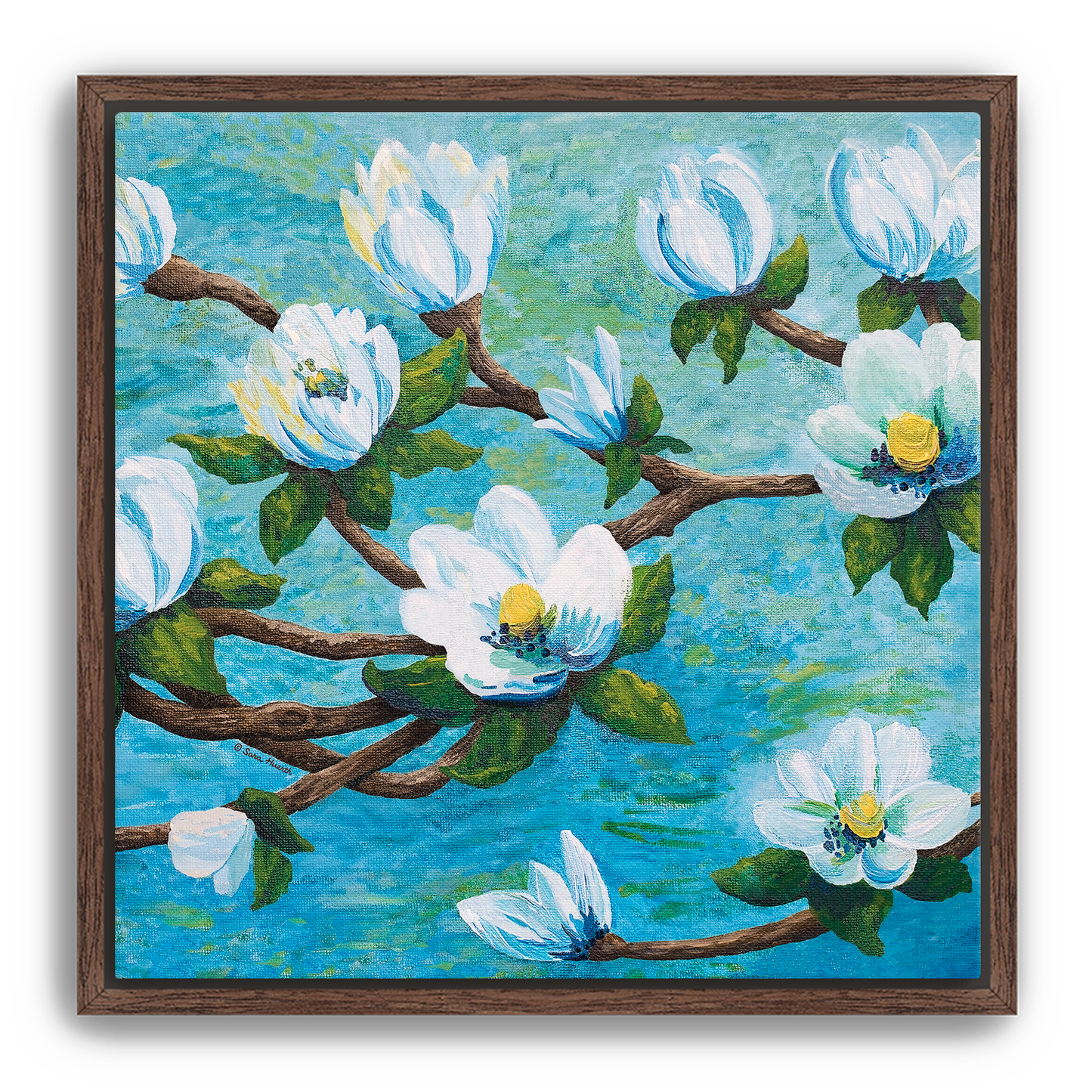 Framed impressionism painting artwork of a magnolia floral design with white flowers on a aqua teal blue water river background