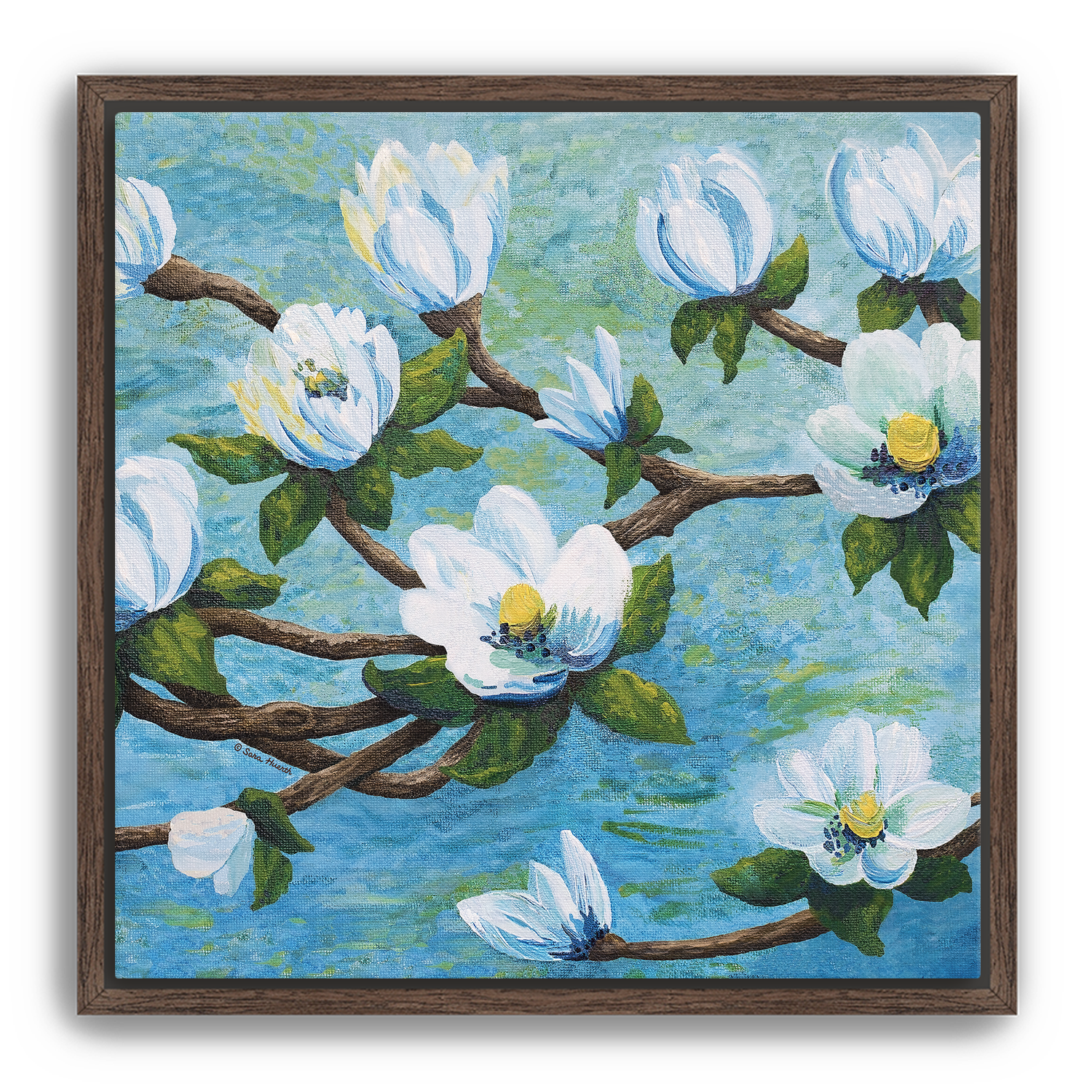 Framed impressionism painting artwork of a magnolia floral design with white flowers on a aqua teal blue water river background