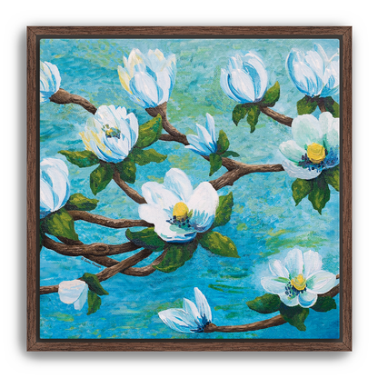 Framed impressionism painting artwork of a magnolia floral design with white flowers on a aqua teal blue water river background