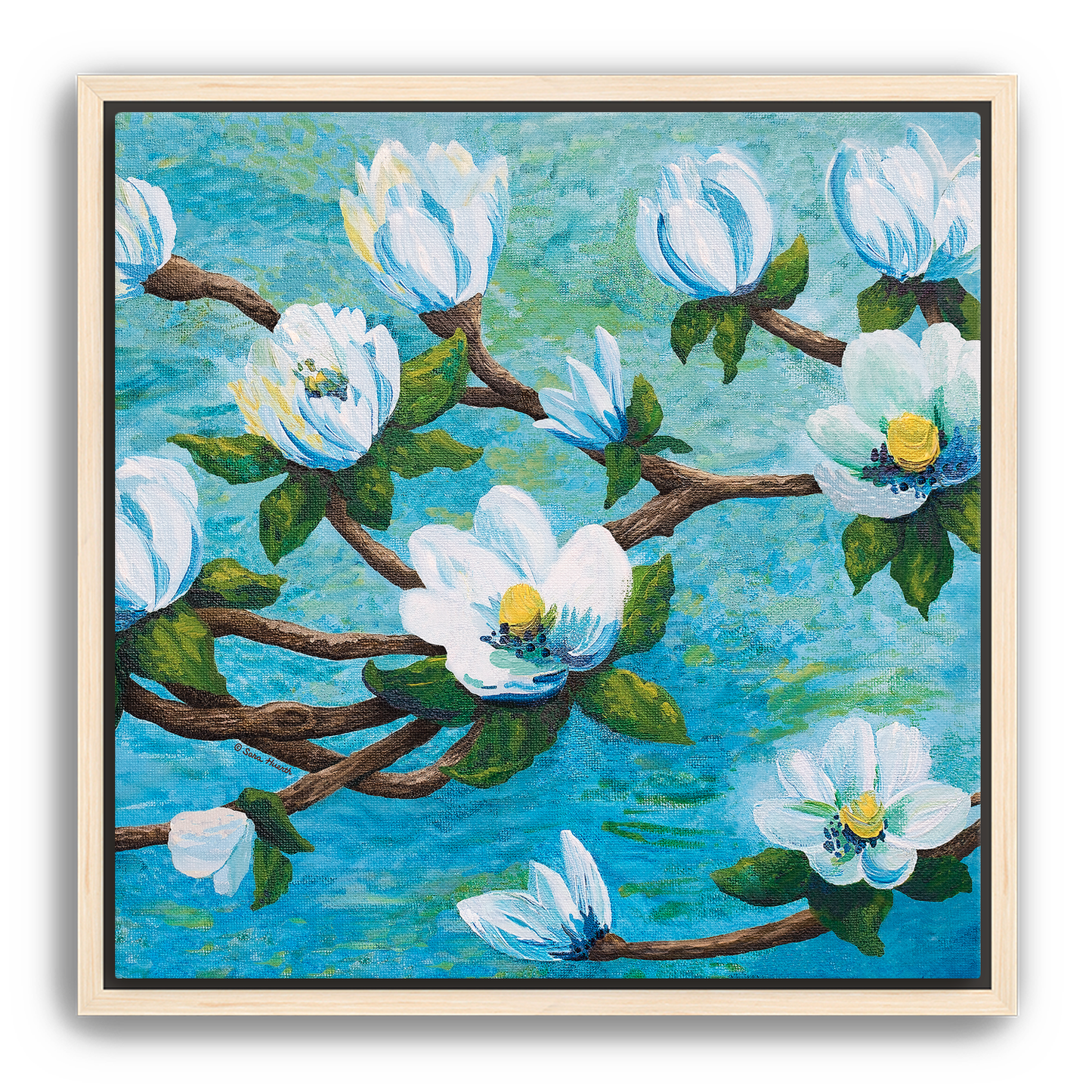 Magnolia Over Water Canvas Print, Framed