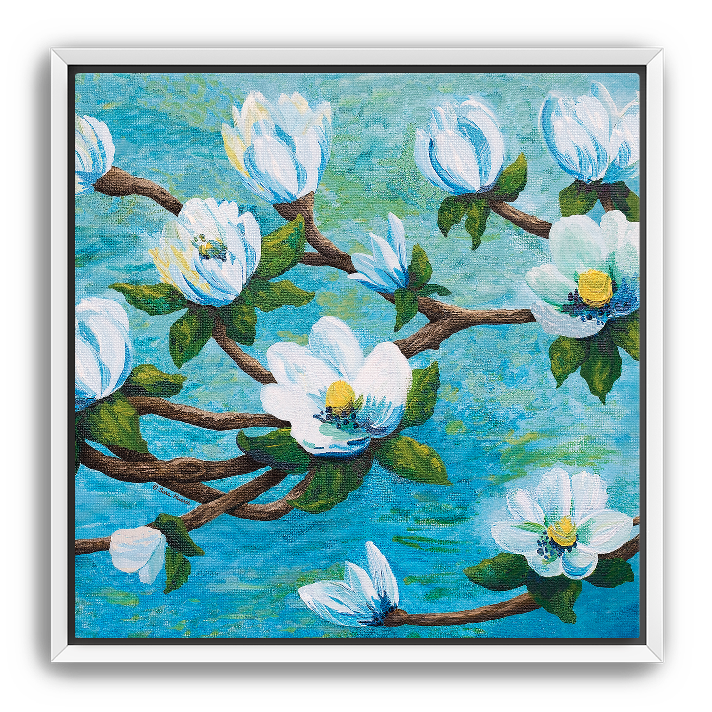 Framed impressionism painting artwork of a magnolia floral design with white flowers on a aqua teal blue water river background