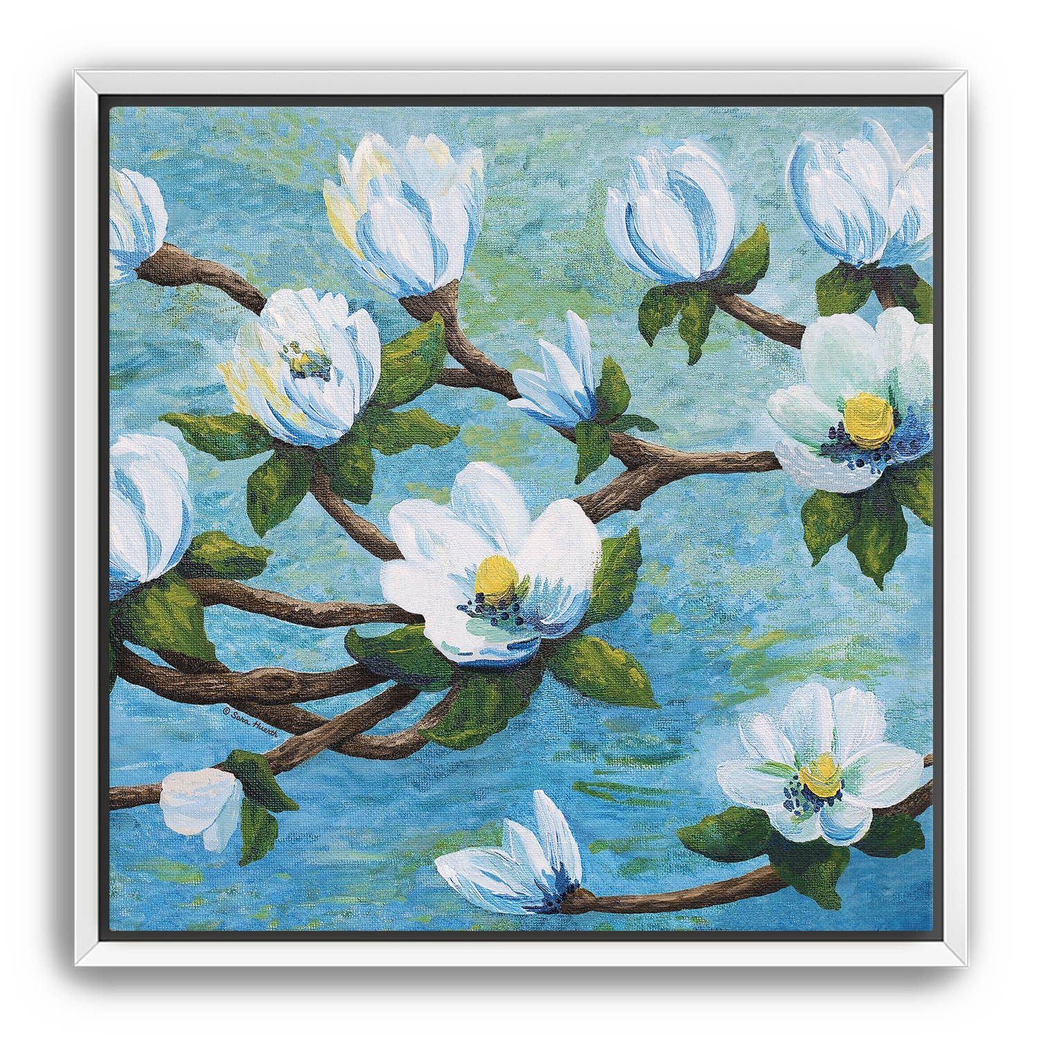 Framed impressionism painting artwork of a magnolia floral design with white flowers on a aqua teal blue water river background