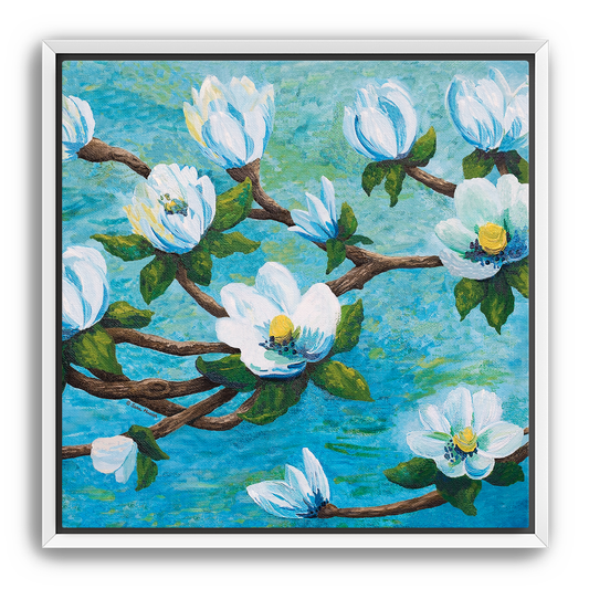 Framed impressionism painting artwork of a magnolia floral design with white flowers on a aqua teal blue water river background